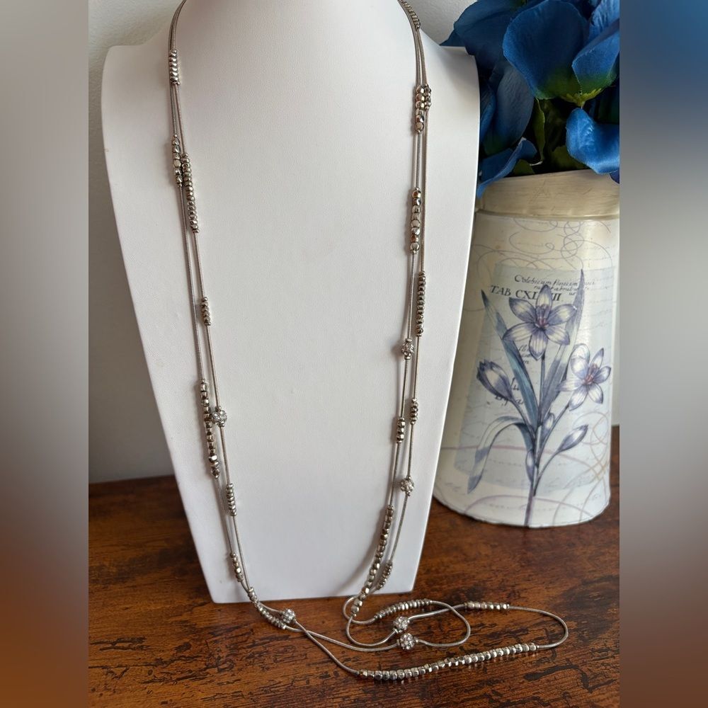 Double Strand Necklace Silver Tone Beads & Rhinestones 44"